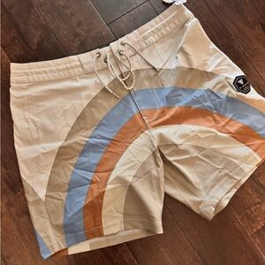 VISSLA Beige Board Shorts with Blue and Orange Arcs (muted)